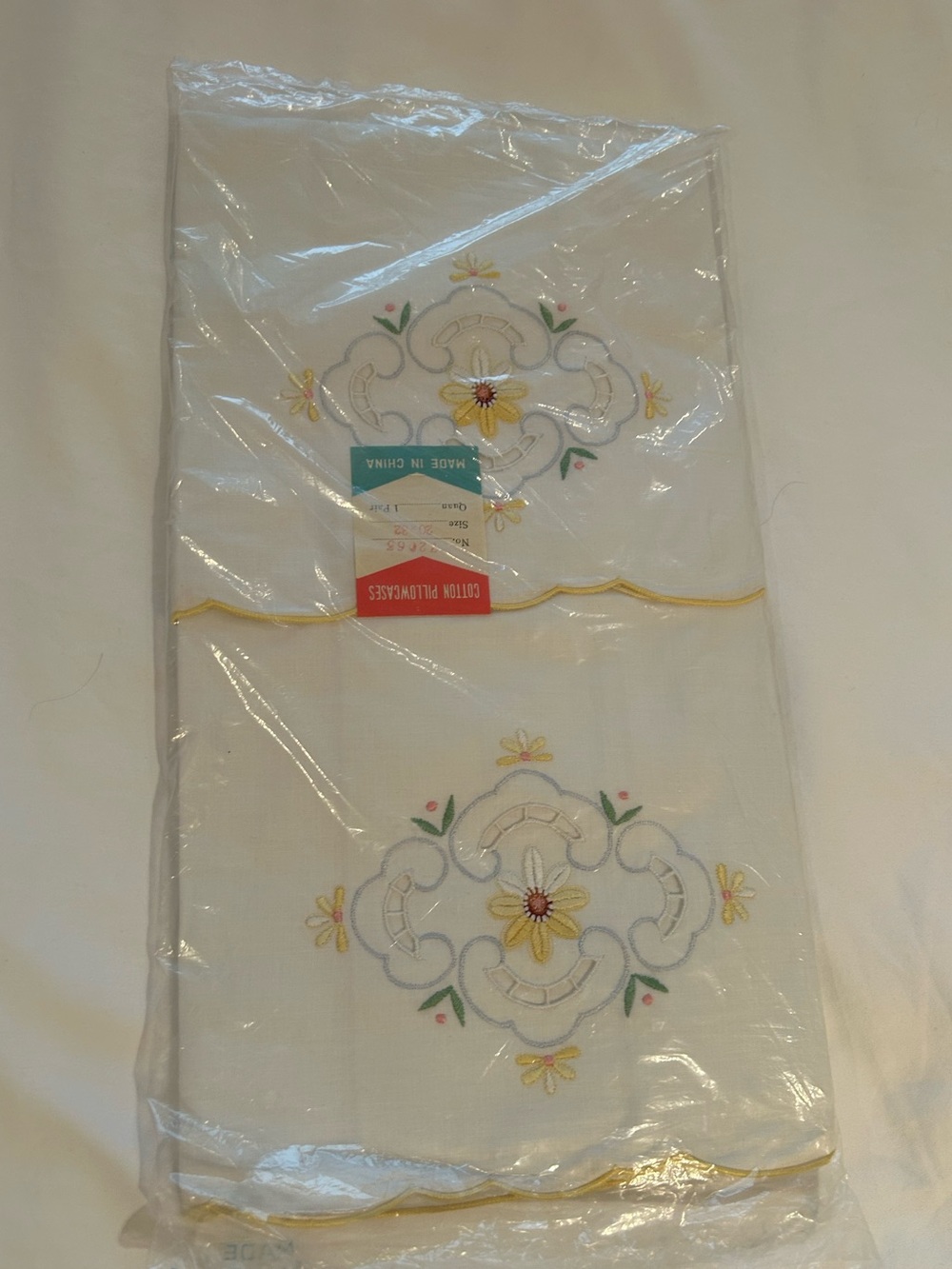 Vintage- Embroidered Floral Cotton Pillowcases - Yellow Accents (new)